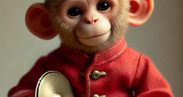 DALL·E 2025-03-10 22.47.00 - A realistic toy monkey dressed in a red outfit, holding cymbals in its hands. The monkey has a friendly and slightly mischievous expression, avoiding