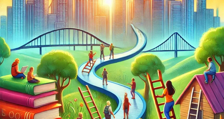 DALL·E 2025-03-10 23.40.36 - An illustrative and vibrant concept of social mobility, showing a winding path made of books, ladders, and bridges leading from a small village to a m