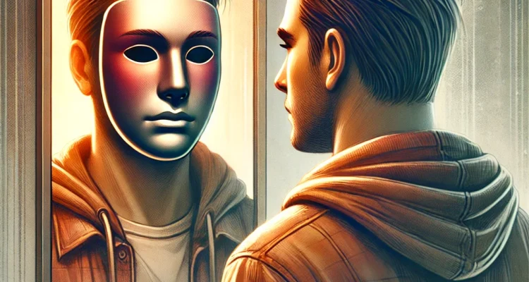 DALL·E 2025-03-10 23.47.06 - A conceptual digital illustration of a person wearing a subtle, sad mask while standing in front of a mirror. The reflection in the mirror, however, s